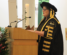 Monica Grady giving a speech during her chancellor installment ceremony